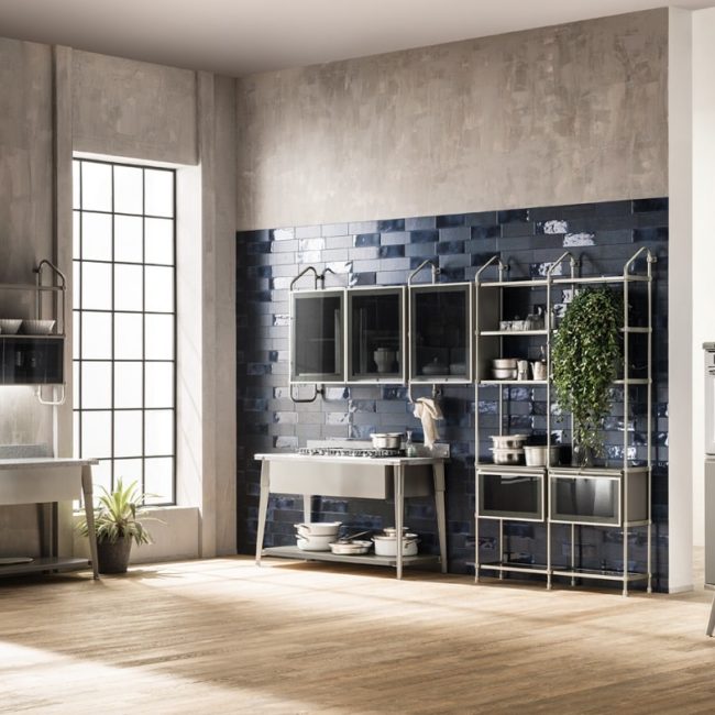 кухня Scavolini Diesel Open Workshop со стеклянными фасадами