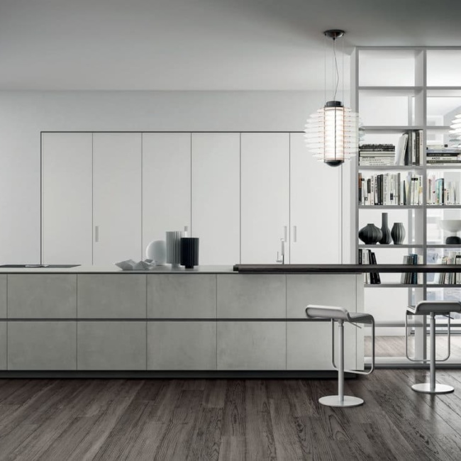 кухня Aster Modern цвет фасадов под бетон, открытые высокие полки
