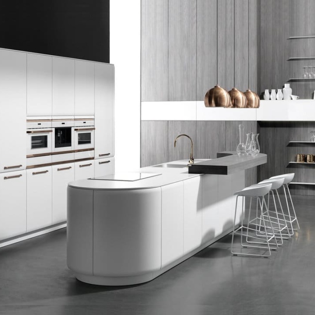 Кухня Rational Modern с закругленными фасадами и островом